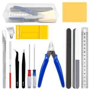 야우하르 17Pcs 취미 모델 기본 도구 키트에는 플러시 플라이어 미니 파일 교체용 칼날이 있는 제작 칼 핀셋 용 모델링 건물 고정 세트가 포함되어