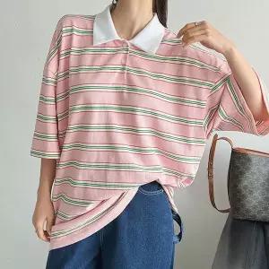[하프클럽/]여성 컬러 스트라이프 카라 반팔 티셔츠 오버핏 빅사이즈 단가