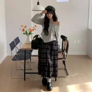 [하프클럽/]여성용 사계절 코튼 체크 롱스커트 티어드 스타일