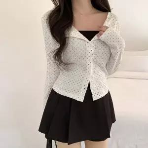 [하프클럽/]여성용 데일리 스타일 여리핏 도트 패턴 긴팔 니트 가디건