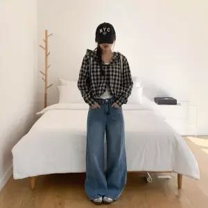 [하프클럽/]여성용 체크 후드 크롭 자켓 봄 데일리 루즈핏