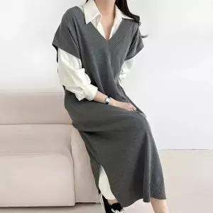 [다잇템] 여자 박스 V넥 니트조끼 코디 양트임 롱원피스