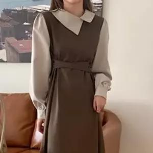 여름원피스 배색 언발 카라넥 허리 스트링 롱 원피스