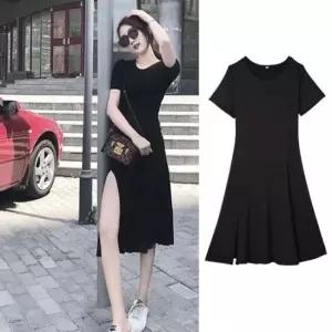 A라인 트임 원피스 라운드 블랙 반팔 이너 롱드레스