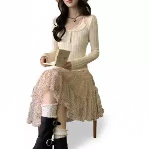 [하프클럽/]여성용 봄 여름 시스루 도트 프릴 미니 스커트