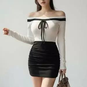 [하프클럽/]여성 오프숄더 셔링 골지 미니 원피스 슬림핏 바디콘 라인 강조