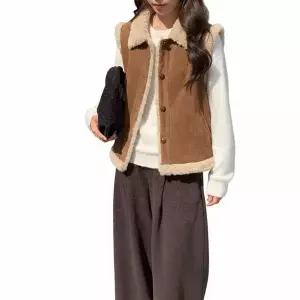 [하프클럽/]여성 겨울 따뜻한 레이어드 양털 카라 무스탕 조끼