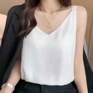 [다잇템] 여자 빅사이즈 슬리브리스 실키 V넥 블라우스