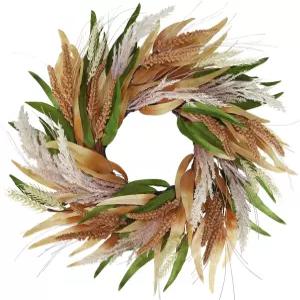 그린 브라운 잎 곡물 귀 밀과 팜파스 잔디가 있는 현관문용 BINFEN 20인치 겨울 가을 화환 보호 추수감사절