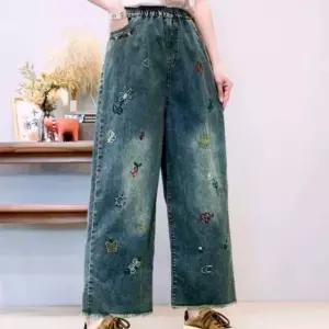 [온마이웨이] 여성 자수 청바지 중년 엄마 밴딩 일자 와이드 팬츠