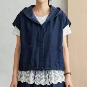 [애슬릿] 여성 청 조끼 후드 체크 면 빅사이즈 레이어드 여름