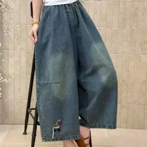 [온마이웨이] 여성 와이드 청바지 중년 엄마 자수 고무줄 통넓은
