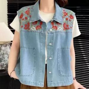 [애슬릿] 여성 청 조끼 데님 자수 베스트 봄 간절기 빅사이즈