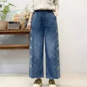 [온마이웨이] 여성 자수 청바지 밴딩 일자 데님 팬츠 중년 엄마