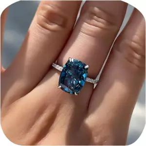 스퀘어 컷 블루 토파즈 헤일로 큐빅 지르코니아 CZ 약혼 반지 웨딩 파티 성명서 클래식 사파이어 925