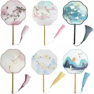 Zkbn 중국 골동품 반투명 핸드헬드 원형 선풍기 빈티지 플라워 프린트 춤추는 패들 손 나무 손잡이 무작위