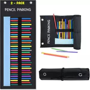 AKAYOK 2개입 연필 주차 포켓 차트 36개 슬롯 및 끈 잠금장치가 있는 롤업 케이스 교실 학교 가정용