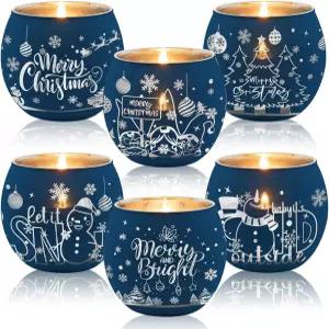 징모어 6개 보티브 캔들 홀더 유리 불꽃 없는 파티 장식용 각인 패턴 6개네이비 크리스마스