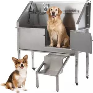 코지와우 56인치 개 세척 스테이션 전문 스테인리스강 욕조 가정용 대형 목욕 계단이 있는 그루밍 미끄럼