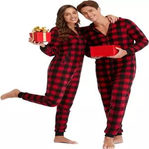 컬러풀 매칭 커플 플리스 원피스와 후드 플레이드 크리스마스 파자마 세트 따뜻한 지퍼 점프수트 여성 및
