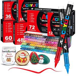 72색 아크릴 페인트 펜 마커 세트 브러시 팁 돌 그림 나무 캔버스 돌용 크리스마스 수집 DIY 공예