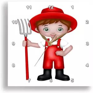 3D 로즈 월 시계 무음 10인치 빨간 일러스트로 피치포크를 든 귀여운 농부 소년 일러스트레이션