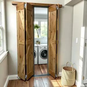 루반 25.5 x 84 고광택 마감 러스틱 올더 솔리드 우드 이중 접이식 헛간 문 조립 슬래브 설치 준비 완료