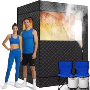가정용 테한드 2인용 휴대용 스팀 사우나 초대형 텐트 업그레이드된 찜기 2개 접이식 의자 및 리모컨 블랙