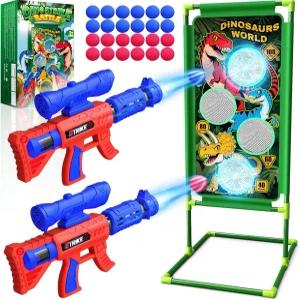 공룡 슈팅 게임 장난감 조준 재미가 있는 에어 펌프 런처 2개 테마 3개 및 목표 점수 4점 폼 볼 24개 실내