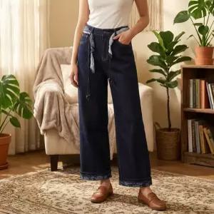 패턴 포인트 스카프 벨트 생지 데님 와이드 팬츠