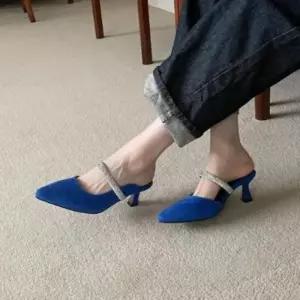 여성 봄 여름 큐빅 장식 뾰족코 로우힐 뮬