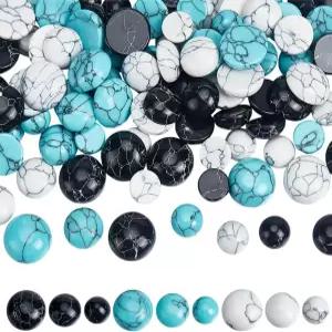 PH PandaHall 108pcs 합성 터쿼이즈 카보숑 9 스타일 텍스처 보석 타일 돔 반원형 비드 블루 화이트 블랙