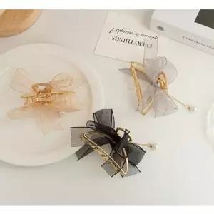 [무슈봉]여신리본 드롭진주 반머리 집게핀