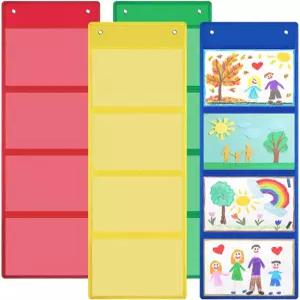 워터세이 교실용 4개 수납 포켓 차트 37.4 x 13 in 4 카드 그림 수업 시연 숙제 사무실 정리다색용 행잉 월