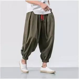 차이나풍 면마 와이드 배기팬츠