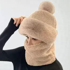 여성 일체형 밍크 털 모자 넥워머 세트 목도리 워머 머플러