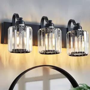 Axiialin 모던 3라이트 블랙 욕실 배니티 라이트 크리스탈 조명 오버 미러 원형 그늘이 있는 월 기구(전구