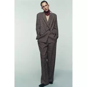 zara 자라 벨티드 체크 스트레이트 팬츠 - 브라운 / 크림