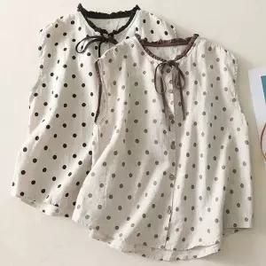 손오공 여친 캐주얼 빈티지 민소매 면마 카디건 도트 데일리룩 셔츠 스트링 블라우스 KUK1