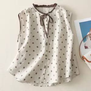 손오공 여친 캐주얼 빈티지 민소매 면마 카디건 도트 데일리룩 셔츠 스트링 블라우스 KUK1