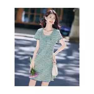 여성 쉬폰원피스 시폰 컬러 스트라이프 니트 스커트 여름 캐주얼 단추 장식 원피스 ADOR2