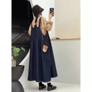 EAMT 빈티지 가을 스커트 여자 데님 멜빵 민소매 카고풍 롱스커트 YJ3