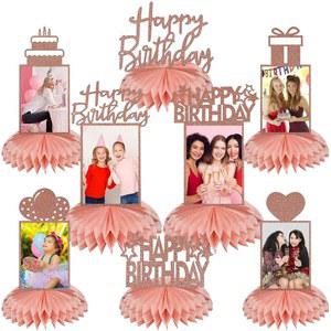 범크비 8PCS 로즈 골드 생일 센터피스 탑퍼 핑크 테이블 용품 파티 40일 센터피스 50일 허니콤 30일 16일 글리터 포토 장식 60일 여성용