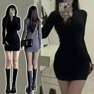 [워머포인트/H라인] 카라 브이넥 지퍼 쫀쫀 골지 미니 원피스