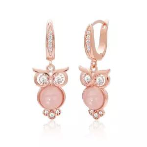 [미니아트] 심플 베이직 로즈쿼츠 원석 부엉이 14K 골드핀 원터치 귀걸이