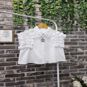 레이스 카라 층층 프릴 민소매 블라우스