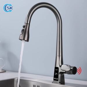 온도 표시 풀아웃 주방 수도꼭지. 스마트 적외선 센서 워터 탭. 3가지 모드 냉온수 싱크