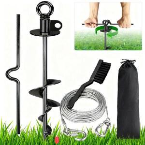 해그웨어 15피트 반려견 케이블, 15인치 검은색 반려견, 녹 방지용 말뚝, 최대 220파운드의 외부 대형견용 마당 목줄, 캠핑이나 정원용 말뚝 박기에 적합한 박기