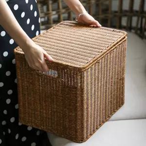 라탄 팬트리 수납바구니 덮개형 수건 보관함 뚜껑있는 바스켓 31.5x25.5x27cm