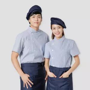 네이비줄 핀턱 반팔 조리복 쿡복 남녀공용 여름 면혼방 주방 셰프 식당 레스토랑 베이커리